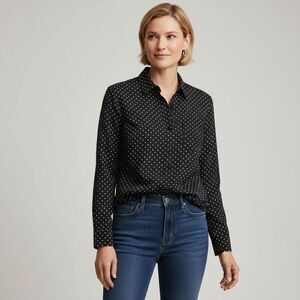 Chico’s Black White Polka Dot Button Front Blouse Size 1 (Medium) Long Sleeve